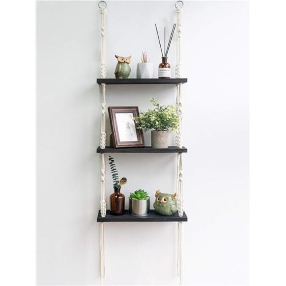 Macrame Shelf Hanging Shelves, Wooden Wall Shelf with Woven Rope, Black Shelves - Picture 1 of 6